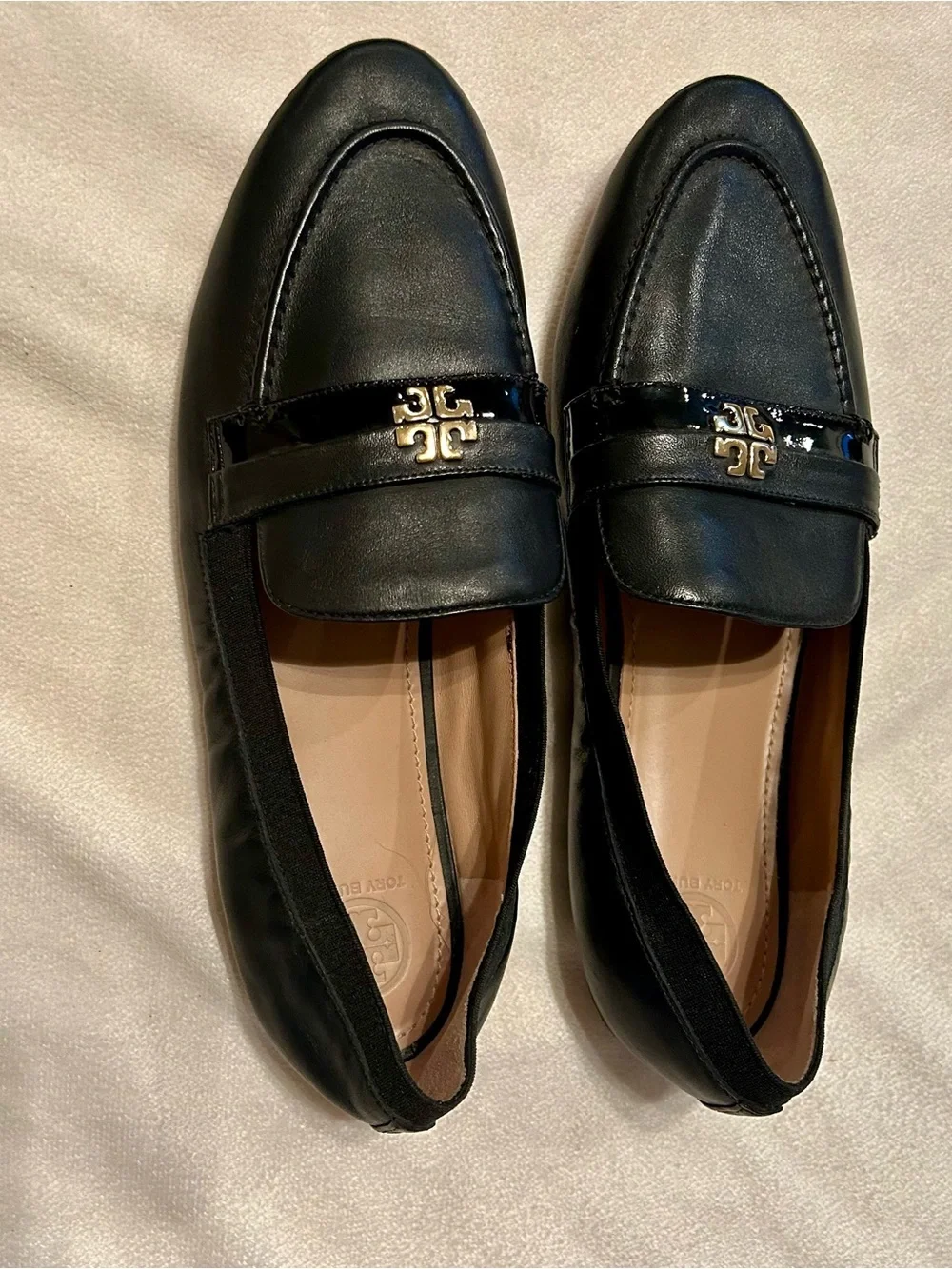 Tory Burch Black Leather Jolie Loafers with Gold Logo Sz 9.5